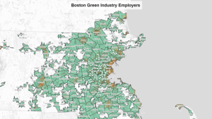 A map of where employers in urban greening are located in Boston